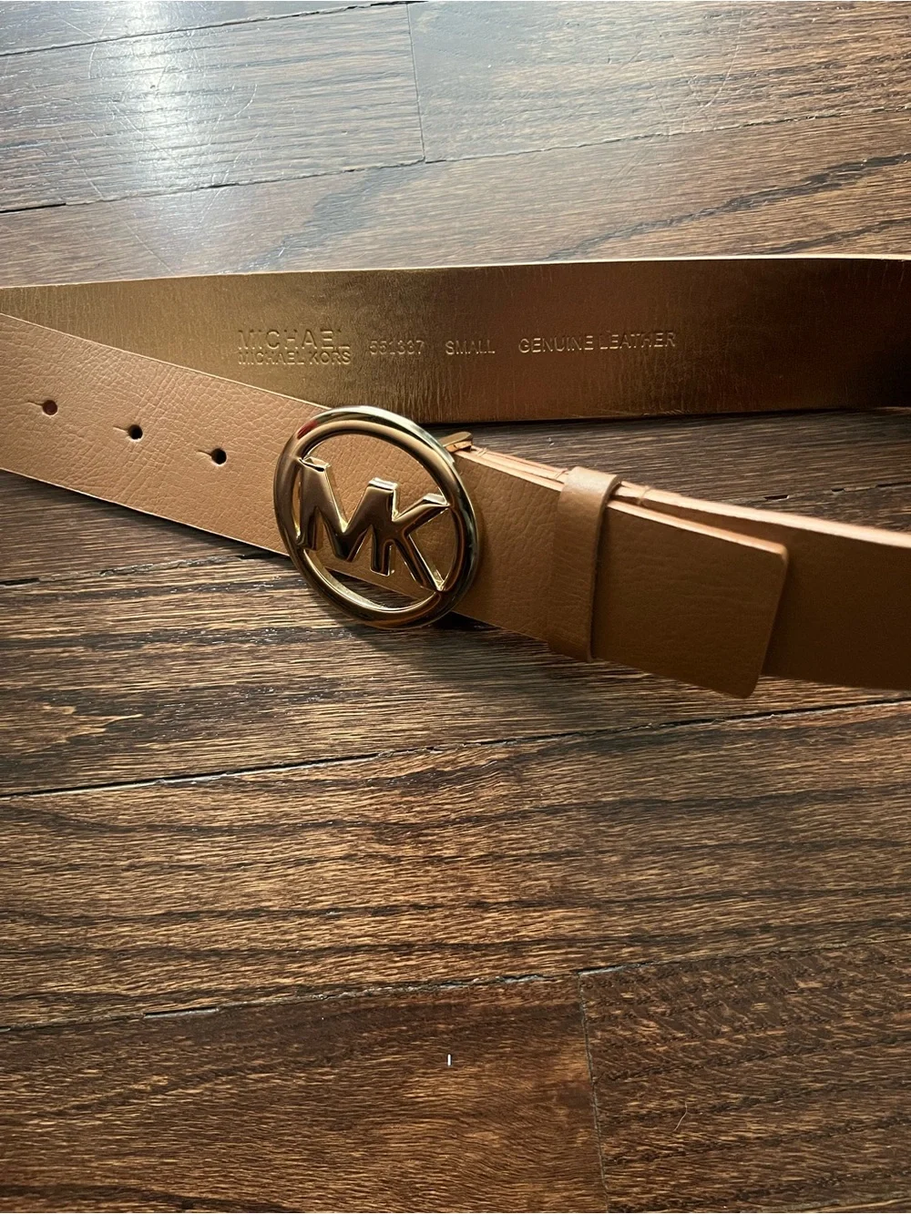 Michael Kors Leather Belt with Gold MK Circle Buckle